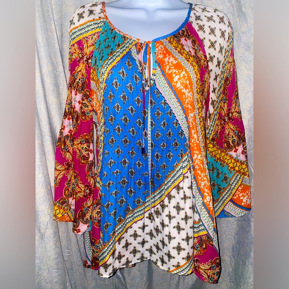 Spense L BOHO Colorful Bell Sleep Crinkle Peasant Top Colorful Mixed Pattern